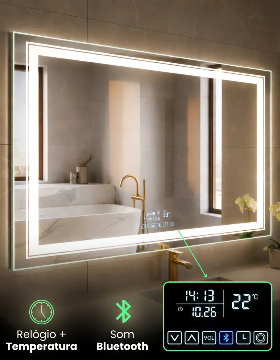 Espelho LED Touch 120 × 80 cm com relógio e Bluetooth