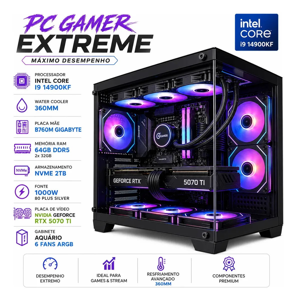 Pc Gamer Intel I9 14900kf 64gb Ddr5 Rtx 5070 Ti Ssd 2tb Nvme